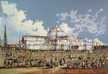 Křišťálový palác, New York, asi 1850 (olej na skle s perleťovým podkladem)